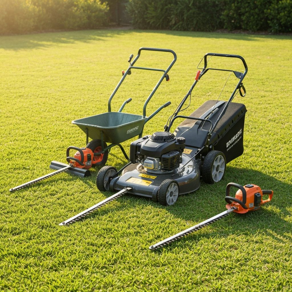 Professional lawn care equipment ready for a garden service in Queensland