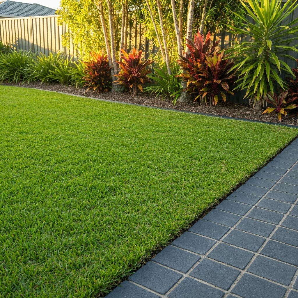 Crisp lawn edging along a garden path in a Queensland backyard