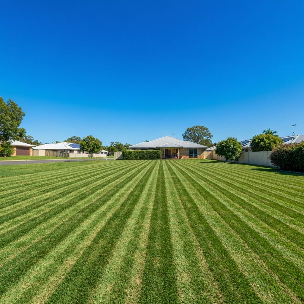 Freshly mowed residential lawn with even mowing stripes in Queensland